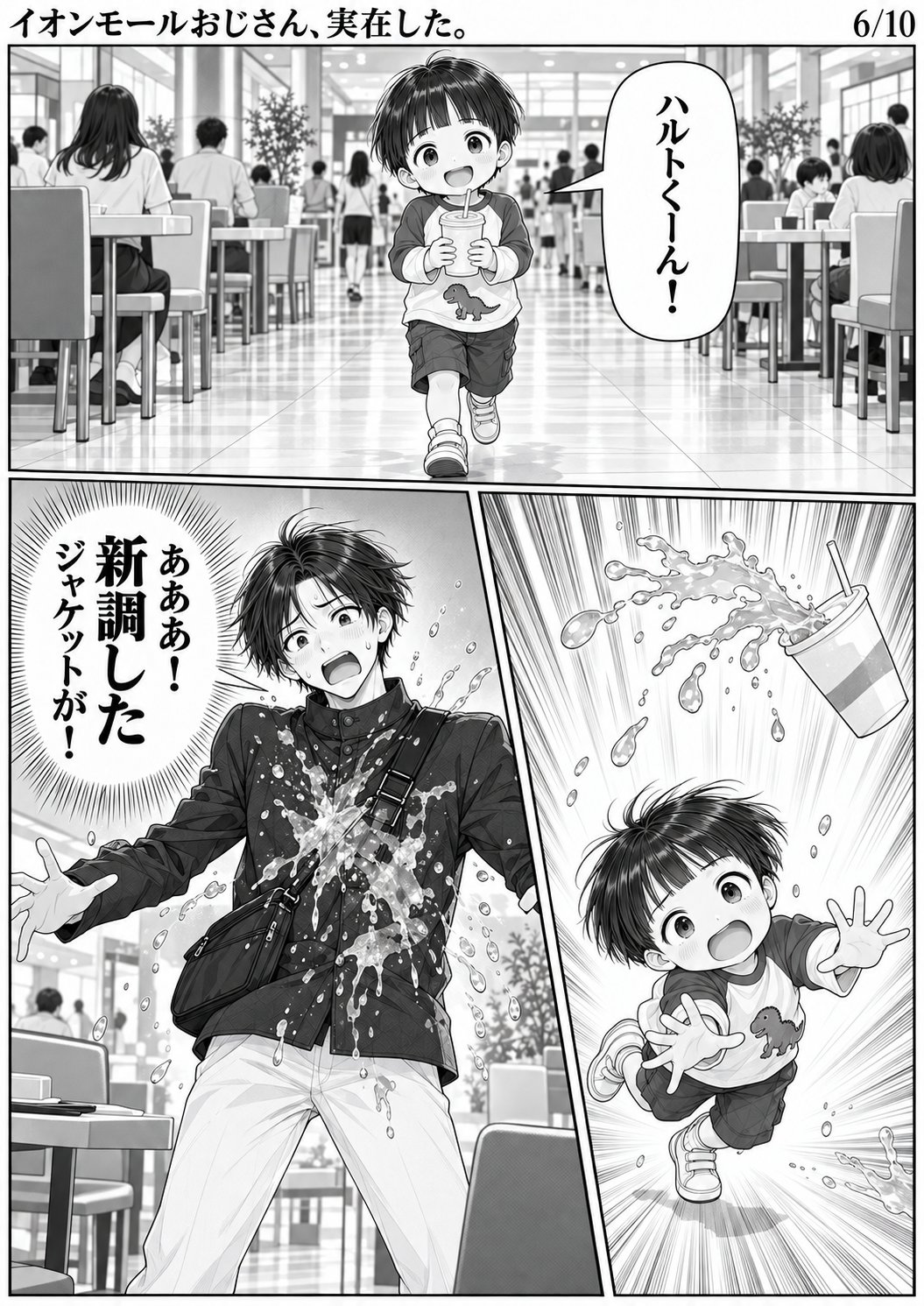 第1話 6ページ目。ソウタ「ハルトくーん！」／ハルト「あああ！ 新調したジャケットが！」