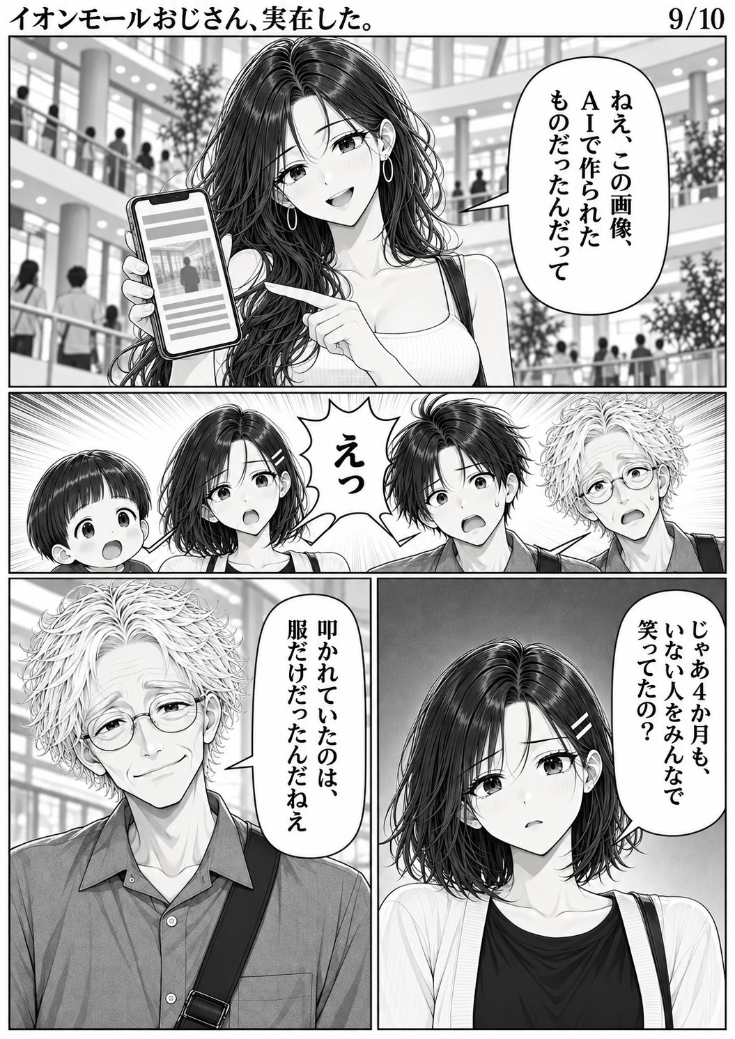 第1話 9ページ目。ミサキ「ねえ、この画像、AIで作られたものだったんだって」／えっ／ユイ「じゃあ4か月も、いない人をみんなで笑ってたの？」／岡部「叩かれていたのは、服だけだったんだねえ」