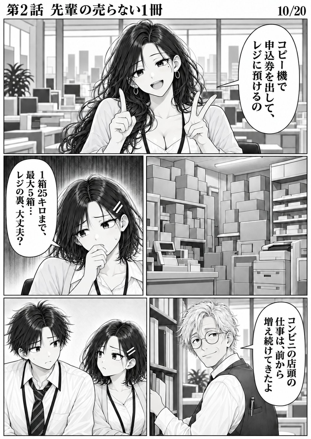 第2話 10ページ目。ユイがレジの裏に段ボールが積まれる光景を想像する。岡部さんが窓際の資料棚から振り向く。ベストの胸ポケットに万年筆。／ミサキ「コピー機で申込券を出して、レジに預けるの」／ユイ「1箱25キロまで、最大5箱…レジの裏、大丈夫？」／岡部「コンビニの店頭の仕事は、前から増え続けてきたよ」